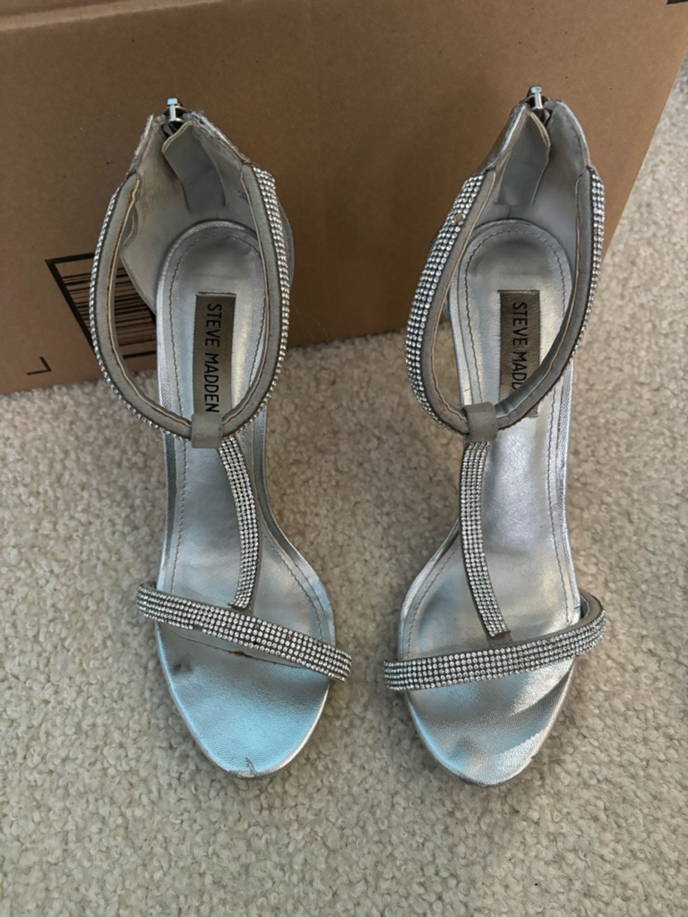 Steve Madden Silver Crystal T-Strap Heels